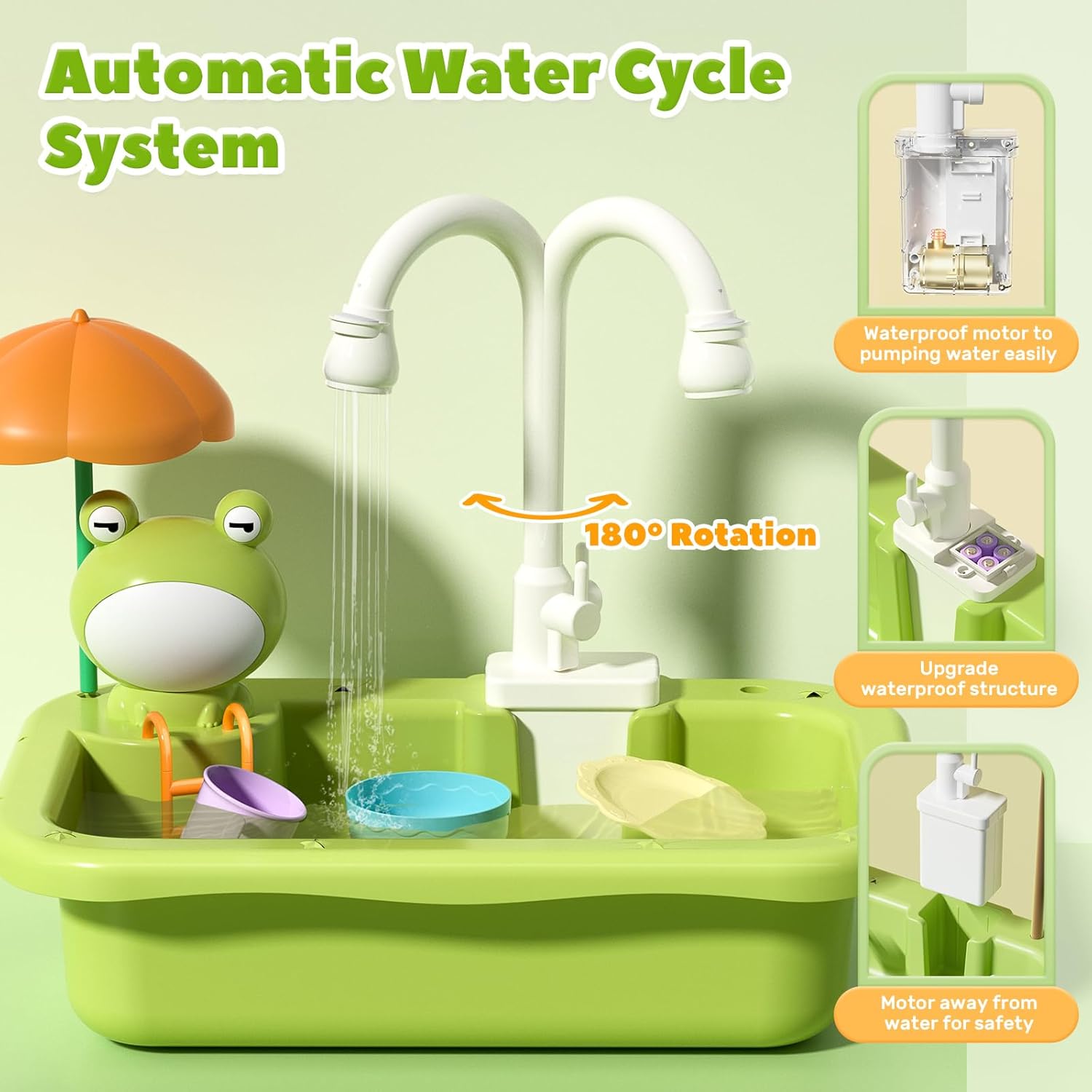 Play Sink with Running Water, Kitchen Sink Toys with Upgraded Electric Faucet, Play Kitchen Toy Accessories, Pool Floating Fishing Toys for Water Play, Kids Role Play Dishwasher Toy