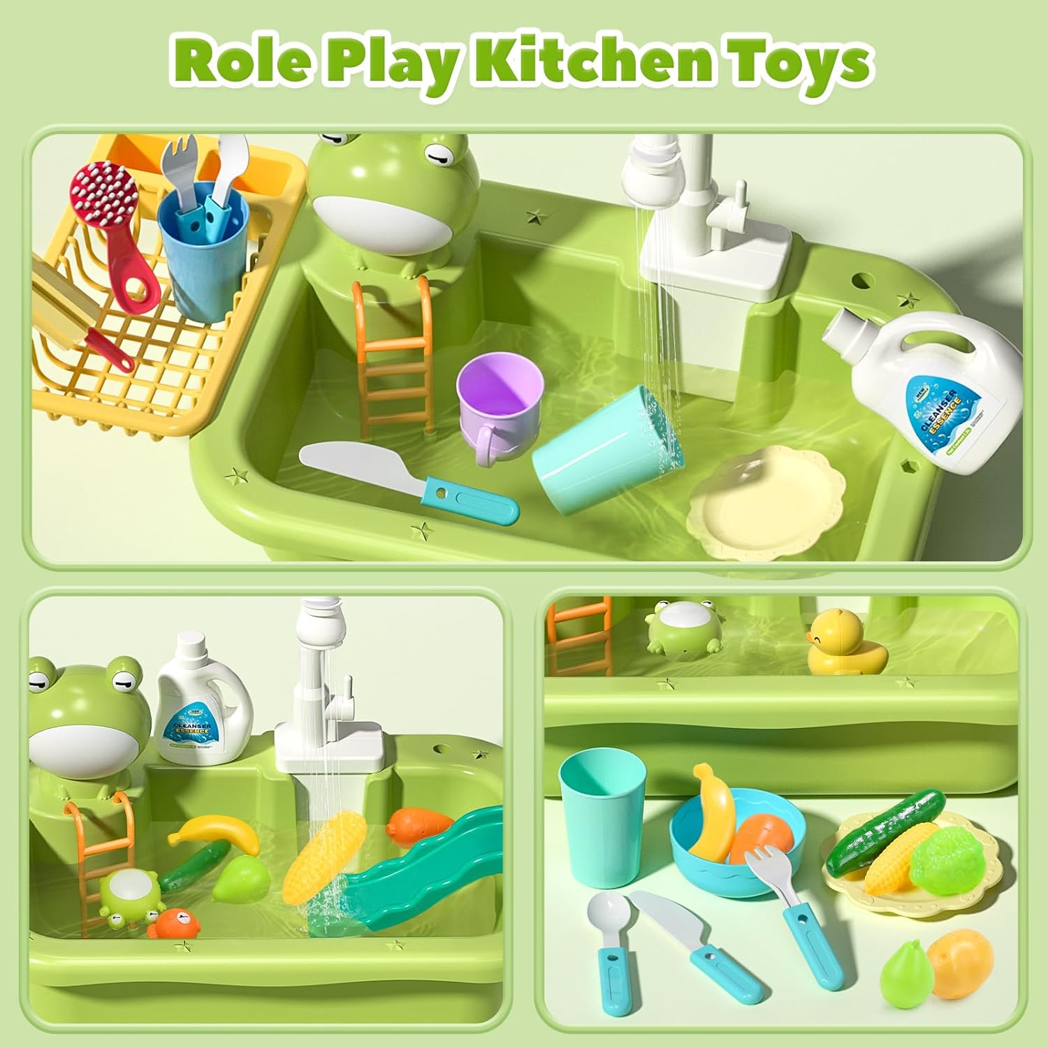 Play Sink with Running Water, Kitchen Sink Toys with Upgraded Electric Faucet, Play Kitchen Toy Accessories, Pool Floating Fishing Toys for Water Play, Kids Role Play Dishwasher Toy