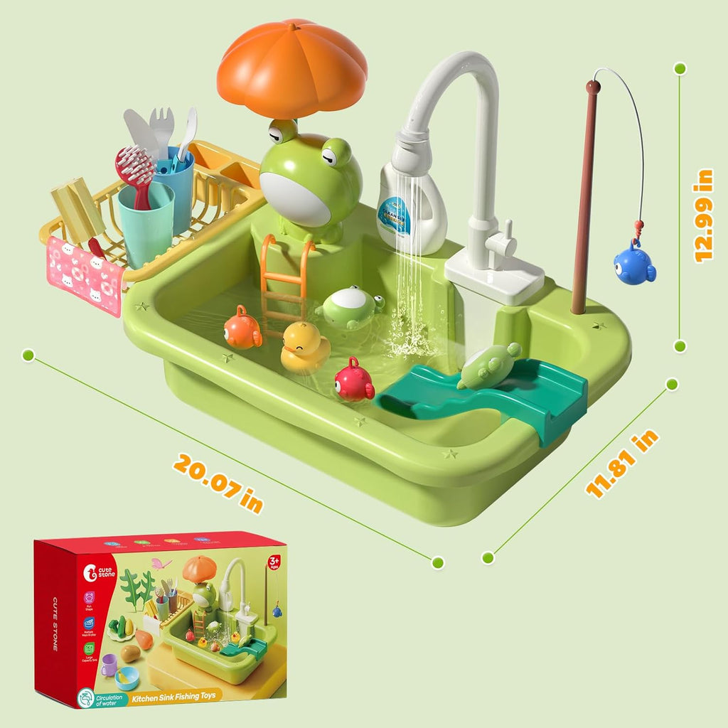 Play Sink with Running Water, Kitchen Sink Toys with Upgraded Electric Faucet, Play Kitchen Toy Accessories, Pool Floating Fishing Toys for Water Play, Kids Role Play Dishwasher Toy